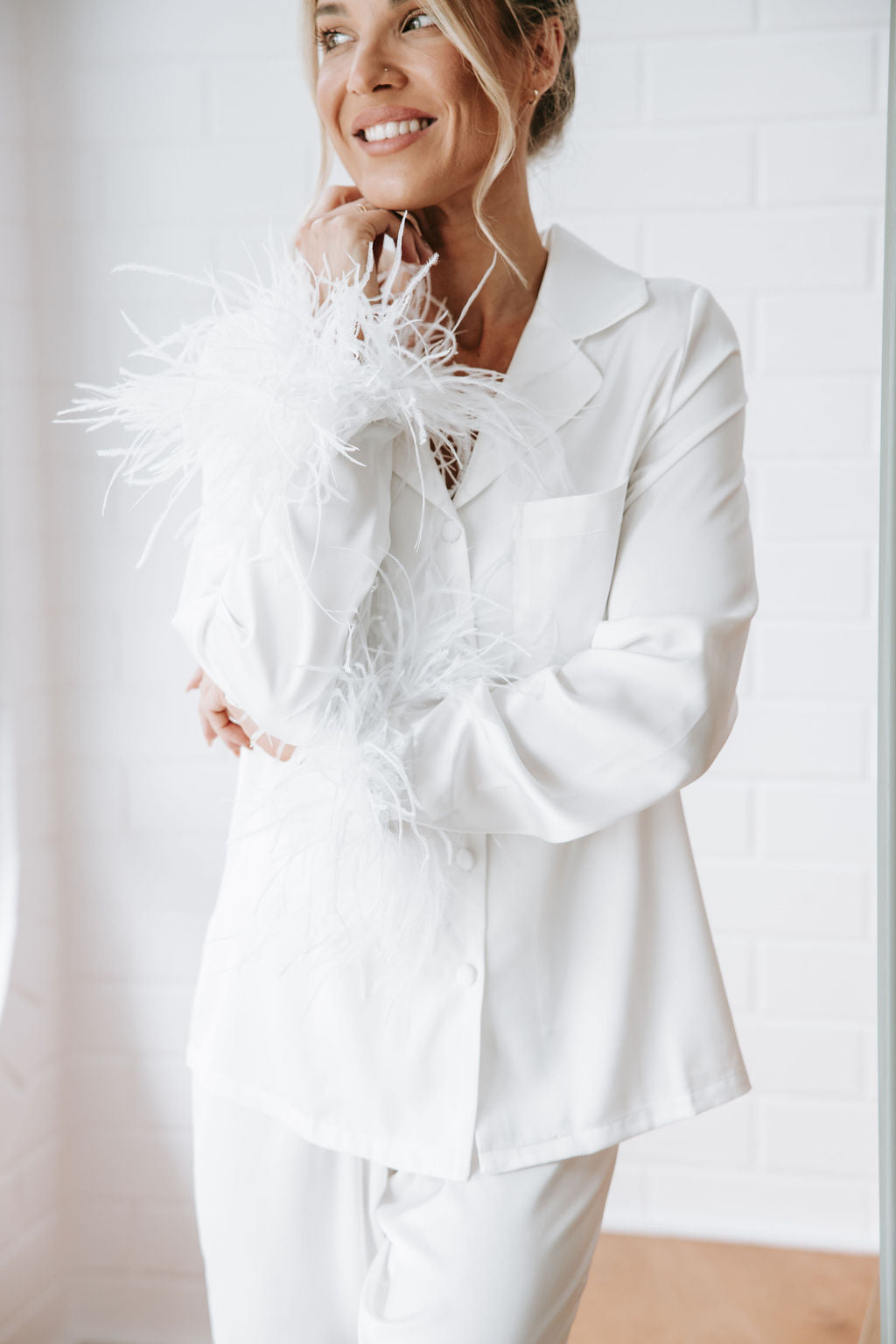 White Satin Pyjamas White Feather Pyjamas Premium Bride Feather