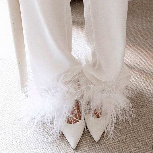 White feather pyjamas, with white wedding heels
